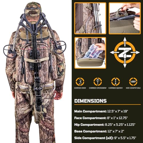 TENZING Hangtime Day Pack for Tree Stand Hunting - Mossy Oak Bottomland, 7 Compartments, 15 Pockets, 1600 cu in