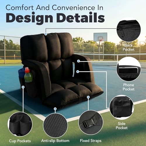 22.5-Inch Wide Stadium Bleacher Seat with Back Support & Cushion - Black