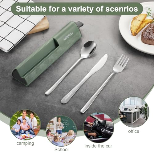 Green 18/8 Stainless Steel Reusable Travel Utensils Set with Case & Phone Stand