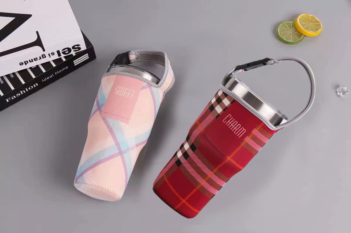 TuNan 3PCS Tumbler 30oz Carrier Holder Pouch & Shoulder Strap for YETI, Rtic, Atlin, Ozark Trail, Rambler, Neoprene Sleeve with Carrying Handle-(Plaid Red,Pink,Black)
