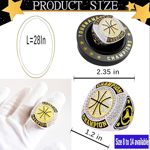Gold 12 Pcs Basketball Championship Rings with Chains & Display Stand - Tournament Award Trophy Gift
