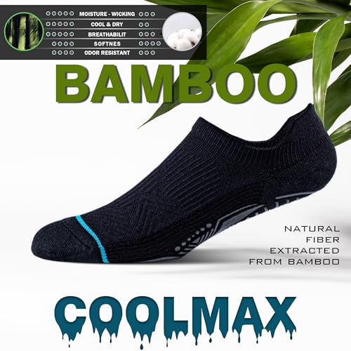 BRISIRA Bamboo Viscose Non Slip Pilates Socks Men Women No Show Grip Compression Thick Cushion - 3 Pairs, Black, Large
