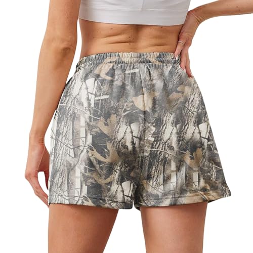 Large Camo Sweat Shorts for Women with Drawstring Waist and Pockets - Maple Leaf Print Lounge Athletic Wear