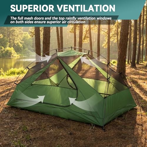 Green 2 Person Lightweight Backpacking Tent with High Headroom - Compact & Waterproof