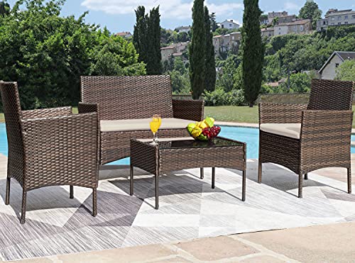 Outdoor Patio Furniture 4-Piece Conversation Set with Cushions - Black and Beige
