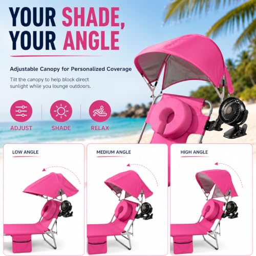 Pink Folding Camping Lounge Chair with Canopy & Fan - Portable Reclining Outdoor Cot with Pillow & Side Pocket