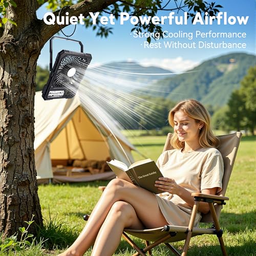 Portable Camping Fan with Power Bank Khaki - 20000mAh Foldable Rechargeable Fan with LED Light & Remote
