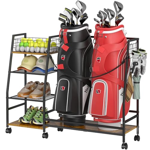 DAOUTIME Golf Bag Storage Rack for Garage | Holds 2 Bags with Wheels & Accessories