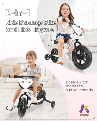 KRIDDO White 2-in-1 Kids Tricycle & Balance Bike for 2 Year Olds