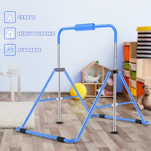 Blue Safly Fun Foldable Kids Gymnastics Bar, Adjustable 35-51 Inches, Sturdy & Portable Indoor Outdoor Equipment