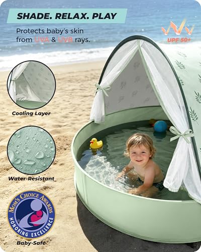 WEMOH Pop-Up Baby Beach Pool Tent with Mat, Mosquito Net & Detachable Canopy - Green