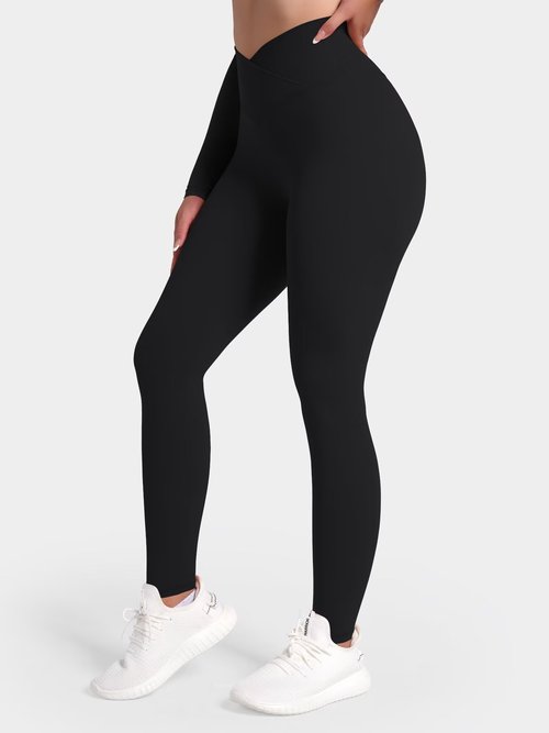 Sunzel Sunlissia Hidden Butt Lifting Scrunch Workout Leggings for Women, Crossover High Waist Yoga Pants with Tummy Control 28" Black Medium