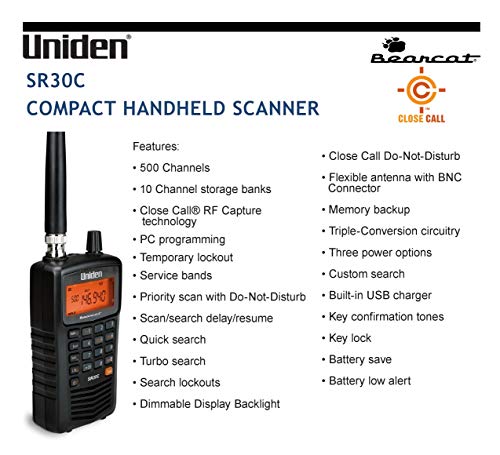 Uniden Bearcat SR30C 500-Channel Handheld Radio Scanner with Close Call & Turbo Search - Compact, Programmable, Racing & Marine