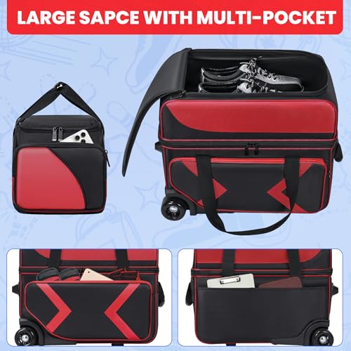 Aleemin Red 3 Ball Bowling Bag with Wheels & Tote - Durable, Multi-Compartment