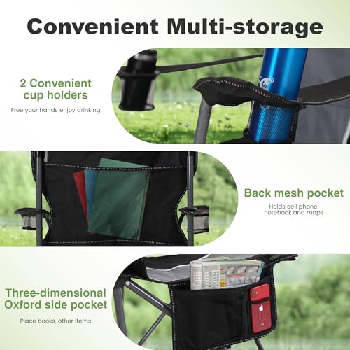 LET'S CAMP Heavy Duty Oversized Folding Camping Chair 2-Pack Black & Grey