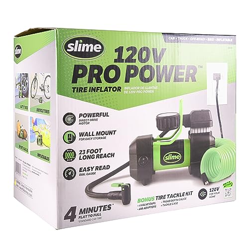 Slime Pro Power Wall Mounted Tire Inflator 120V SUV & 4x4 Air Compressor with Analog 100 psi Gauge, Long Hose, LED Light