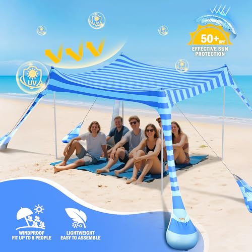 Blue Striped 10x10 FT Beach Tent Sun Shelter with UPF 50+ UV Protection