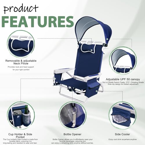 Romswi Navy Blue Extra Wide Beach Chair with Canopy & Cooler Bag - Foldable, Adjustable, 5-Position Recline