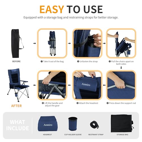 Heavy Duty Folding Camping Chair with Adjustable Feet - Blue, 400Lb Capacity