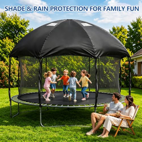 Black 14ft Waterproof Trampoline Cover with PVC Skylight & Support Poles - Heavy Duty
