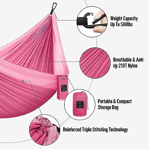 Pink Double & Single Camping Hammock with Tree Straps - Portable Lightweight Nylon Parachute