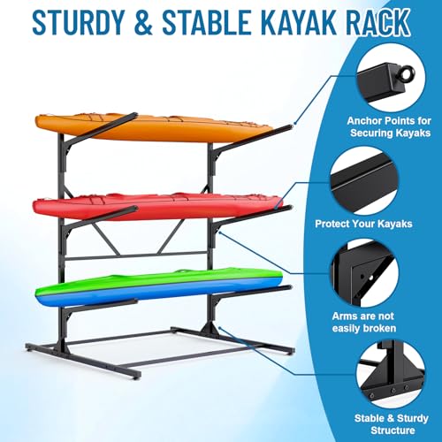 Heavy Duty Freestanding Kayak Rack for 3 Kayaks, Canoes & Paddle Boards - Adjustable Storage Stand - Outdoor & Garage Organization
