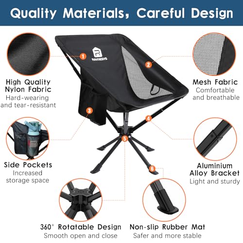 Raynesys Portable Swivel Camping Chair Black – 8 Sec Quick Setup, Lightweight & Foldable