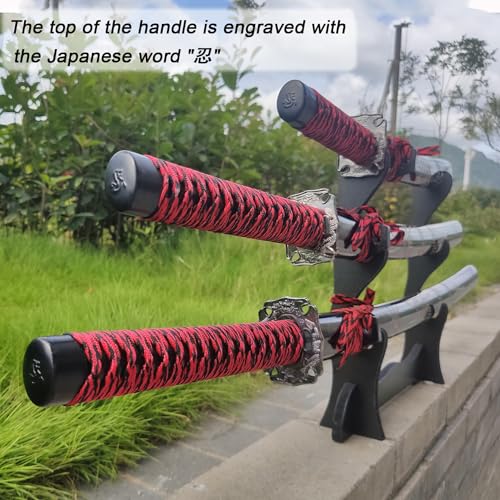 Dark Red 3-Piece Samurai Sword Set with Display Stand - Iaido Carbon Steel Blades