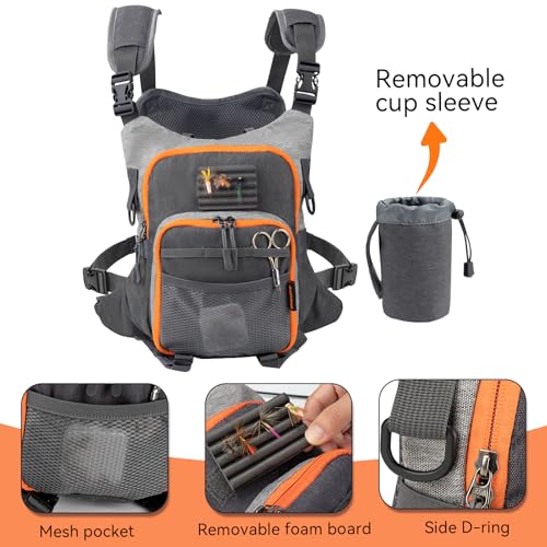 Fly Fishing Chest Pack Vest with Orange & Grey Variation, Large Capacity Tackle Bag