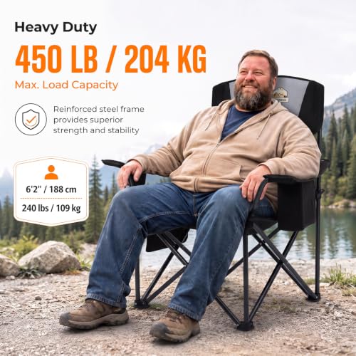 Oversized Heavy Duty Camping Chair for Adults Black - 450 lb Support, Foldable & Padded, with Cooler & Cup Holder - Variation: Black / Single Pack
