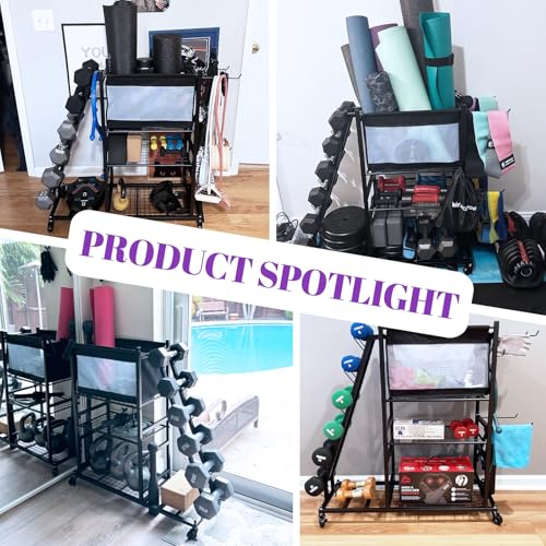Dumbbell Rack with Yoga Mat Holder & Wheels - Home Gym Storage Organizer