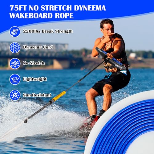 Blue 75FT No Stretch Dyneema Wakeboard Rope & Handle Set