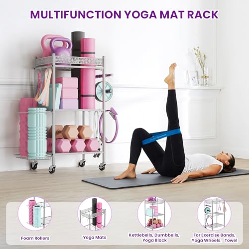 VOPEAK Gray 3-Tier Yoga Mat Storage Rack with Wheels & Hooks for Home Gym