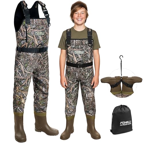 Kids Waterproof Neoprene Chest Waders with Boots - Camo, 12-13