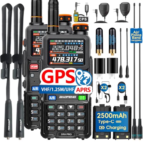 BAOFENG BF-5RH PRO GPS/APRS 10W Ham Handheld Radio with 18.88'' Tactical Antenna - Dual Band, NOAA Weather, Long Range Two-Way Walkie Talkie 2 Pack