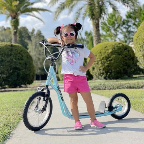Aosom Youth Kick Scooter for Teens - Adjustable Handlebar, Blue, 16" Front & 12" Rear Inflatable Wheels, Dual Brakes, 5+