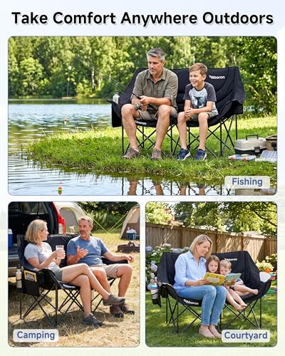 Black Double Camping Chair for Adults - 2 Person Oversized Folding Loveseat
