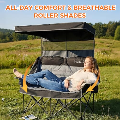 Grey Double Camping Chair with Canopy - Heavy Duty 2 Person Folding Loveseat with Shade & Cup Holders