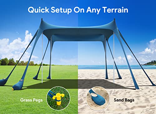 Osoeri Navy Blue Beach Tent 10x10FT Sun Shelter UPF50+ with Sandbags, Portable Camping Shade