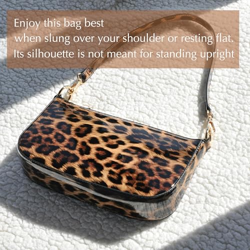 Brown Leopard Glossy Patent Vegan Leather Shoulder Bag - 90s Clutch Purse for Women