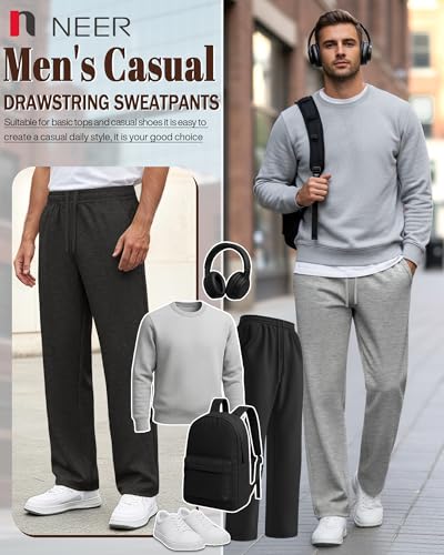 Men's Open Bottom Sweatpants with Wide Leg Fit - Black, Heather Gray, Small