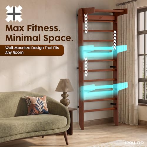 Walnut Swedish Ladder Wall Bars with Adjustable Pull-Up & Dip Station