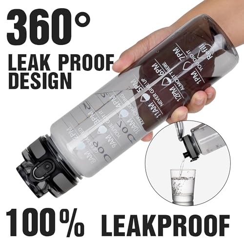 Oldley 32oz Motivational Water Bottle with Time Marker - Smoke Grey