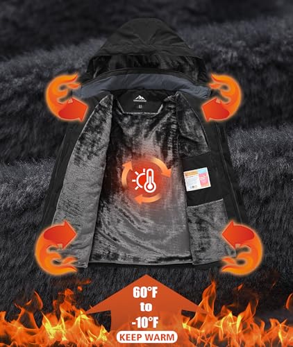 Buyboxs Men's Large Black Waterproof Winter Ski Snowboard Jacket - Insulated Rain Coat with Fleece Lining