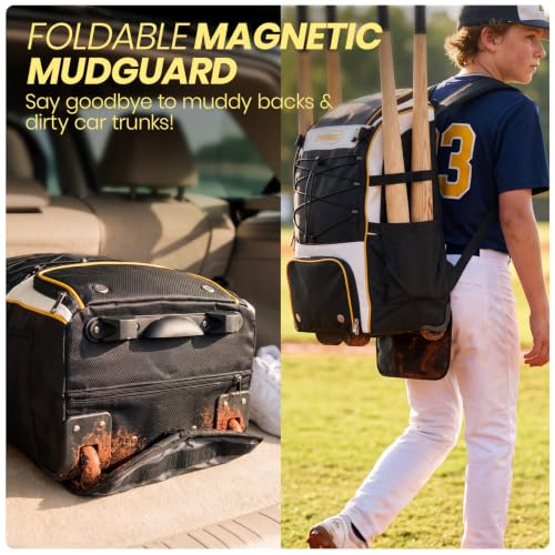 Rolling Baseball Backpack with 4-Bat Storage & Shoe Compartment - Durable Youth Sports Bag