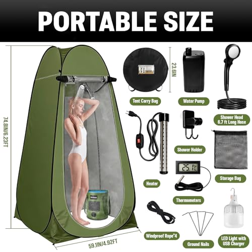 Zappyway 6.6 Gallon Portable Camping Shower with Heater & Tent - Rechargeable Water Pump, Foldable Bucket, LED Light, Car Wash & Pet Bathing