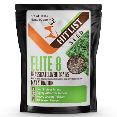Hit List Seed Elite 8 Fall Deer Food Plot Seeds 1/2 Acre Mix - Turnip, Radish, Brassica, Clover, Wheat, Rye, Oats, Peas