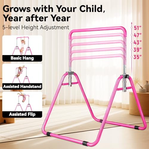 WATBKHE Pink Kids Gymnastics Bar - Adjustable, Foldable Indoor Gym Equipment