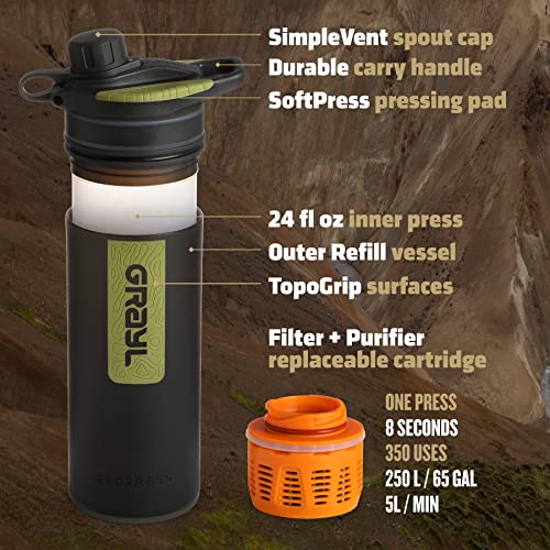 GRAYL GeoPress 24 oz Water Purifier Bottle Black Camo - Portable Water Filter