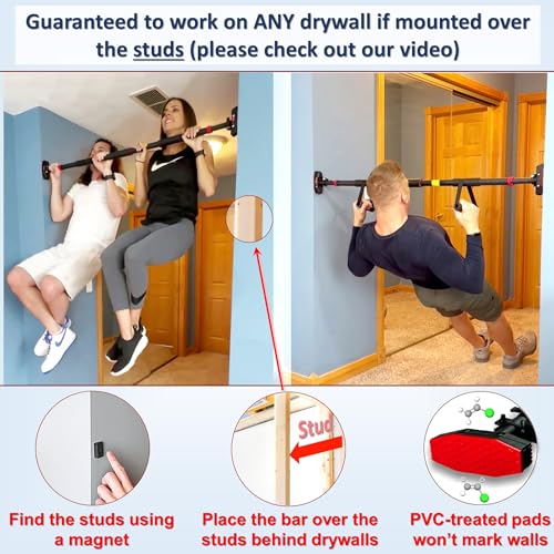 Pull Up Bar for Hallway or Doorway 6-Piece Set with Resistance Bands & Handles - 45-53 Inch Width